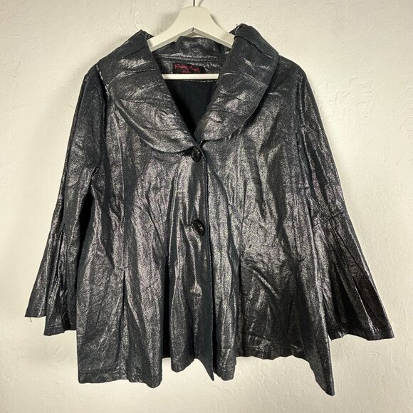 Pretty Angel Fashion Womens Black Metallic Button-Front Jacket Coat Linen Blend - Picture 1 of 10